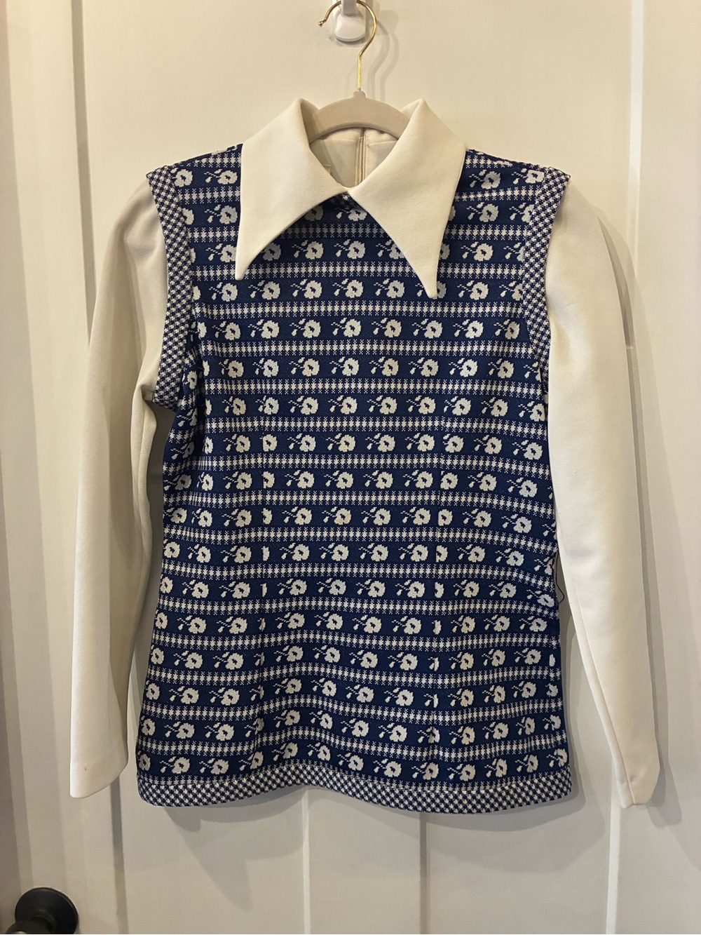 Cream Collared Long-Sleeve Top with Blue Patterned Front